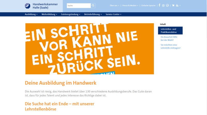Screenshot der Website der Handwerksammer Halle