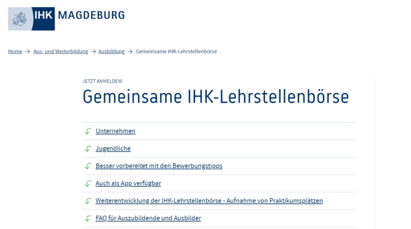 Screenshot der IHK Magdeburg Seite