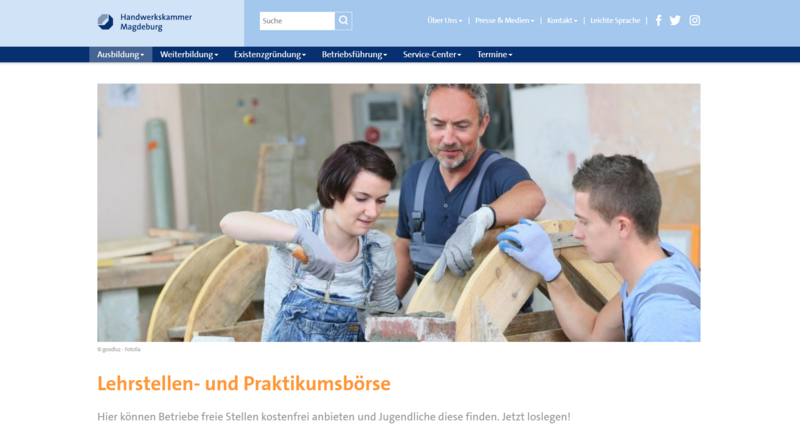 Screenshot der Website der Handwerkskammer Magdeburg