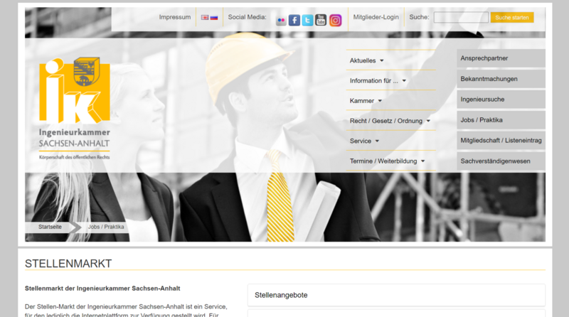 Screenshot der Website der Ingenieurkammer Sachsen-Anhalt