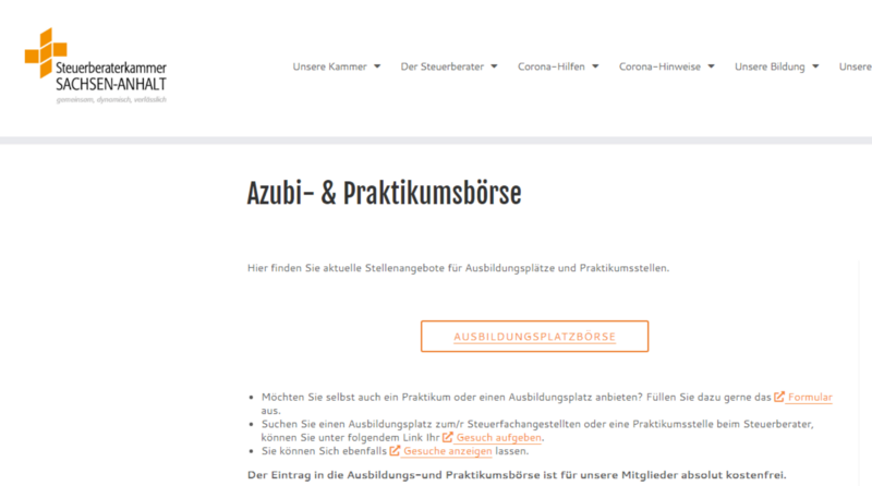 Screenshot der Website der Steuerberaterkammer Sachsen-Anhalt