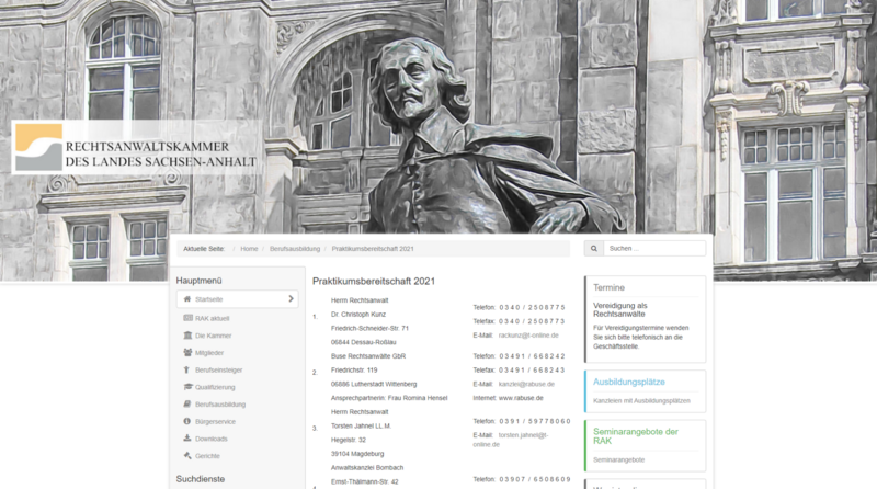Screenshot der Website der Rechtsanwaltskammer des Landes Sachsen-Anhalt